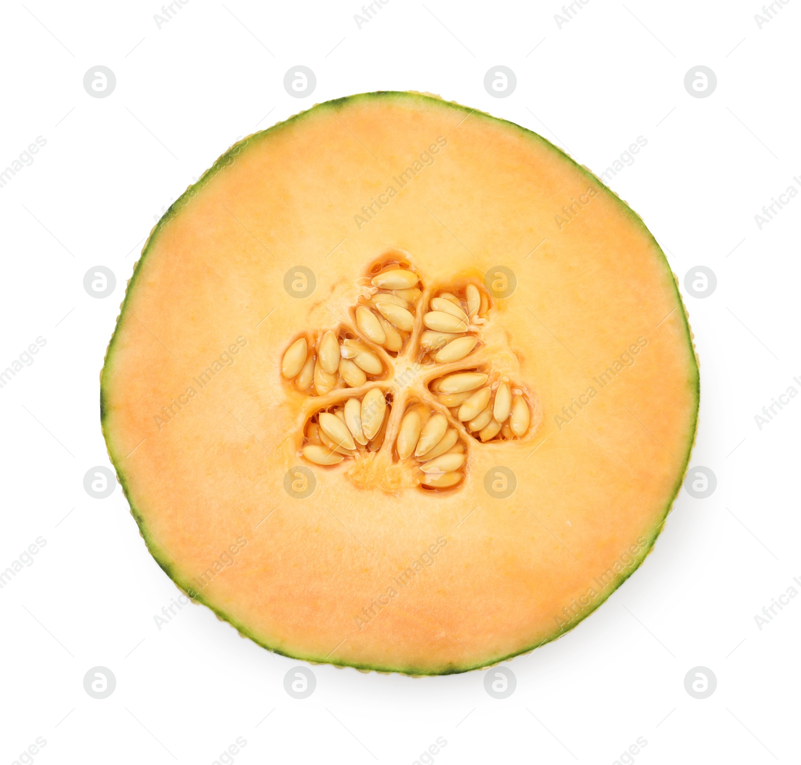 Photo of Half of fresh Cantaloupe melon isolated on white, top view