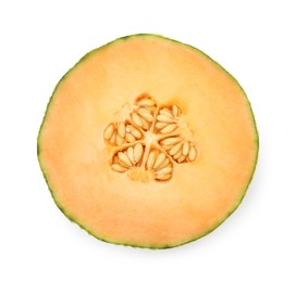 Photo of Half of fresh Cantaloupe melon isolated on white, top view