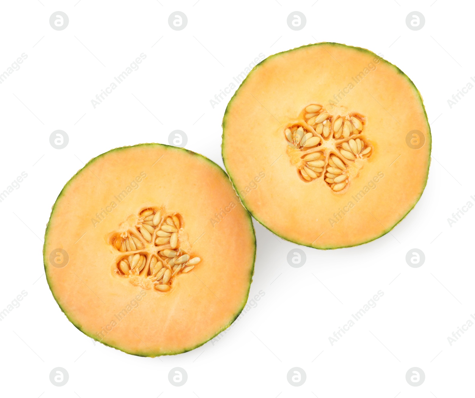 Photo of Tasty ripe Cantaloupe melon isolated on white, top view