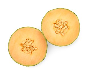 Photo of Tasty ripe Cantaloupe melon isolated on white, top view