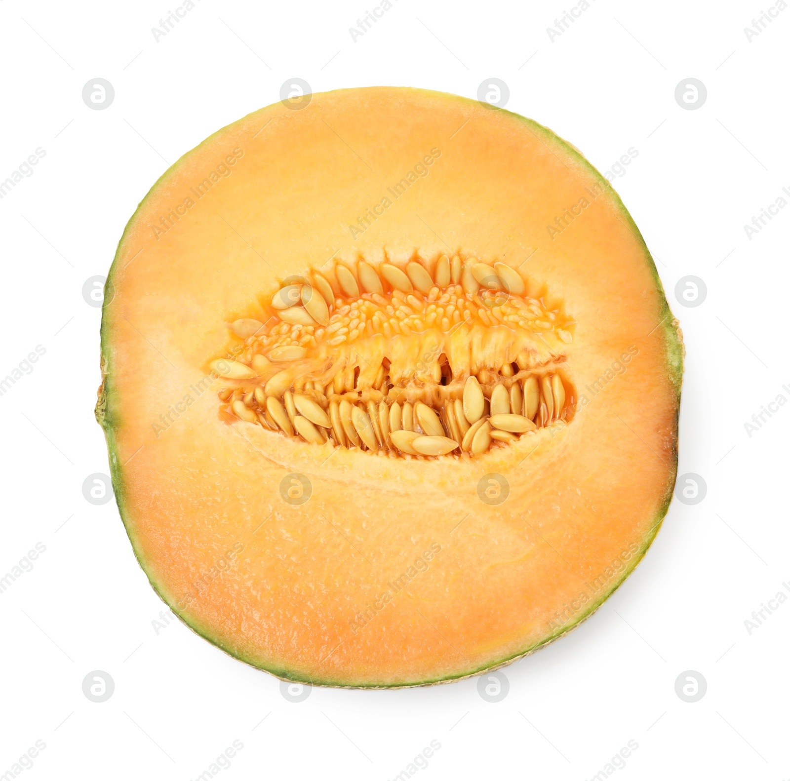 Photo of Half of fresh Cantaloupe melon isolated on white, top view