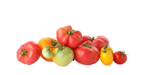 Photo of Different sorts of fresh ripe tomatoes isolated on white