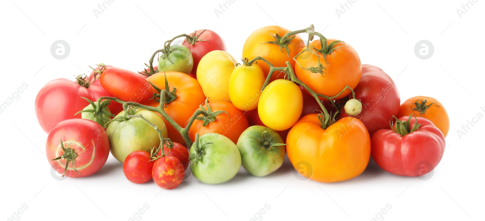 Photo of Different sorts of fresh ripe tomatoes isolated on white