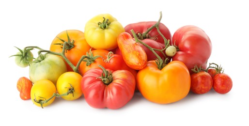 Photo of Different sorts of fresh ripe tomatoes isolated on white