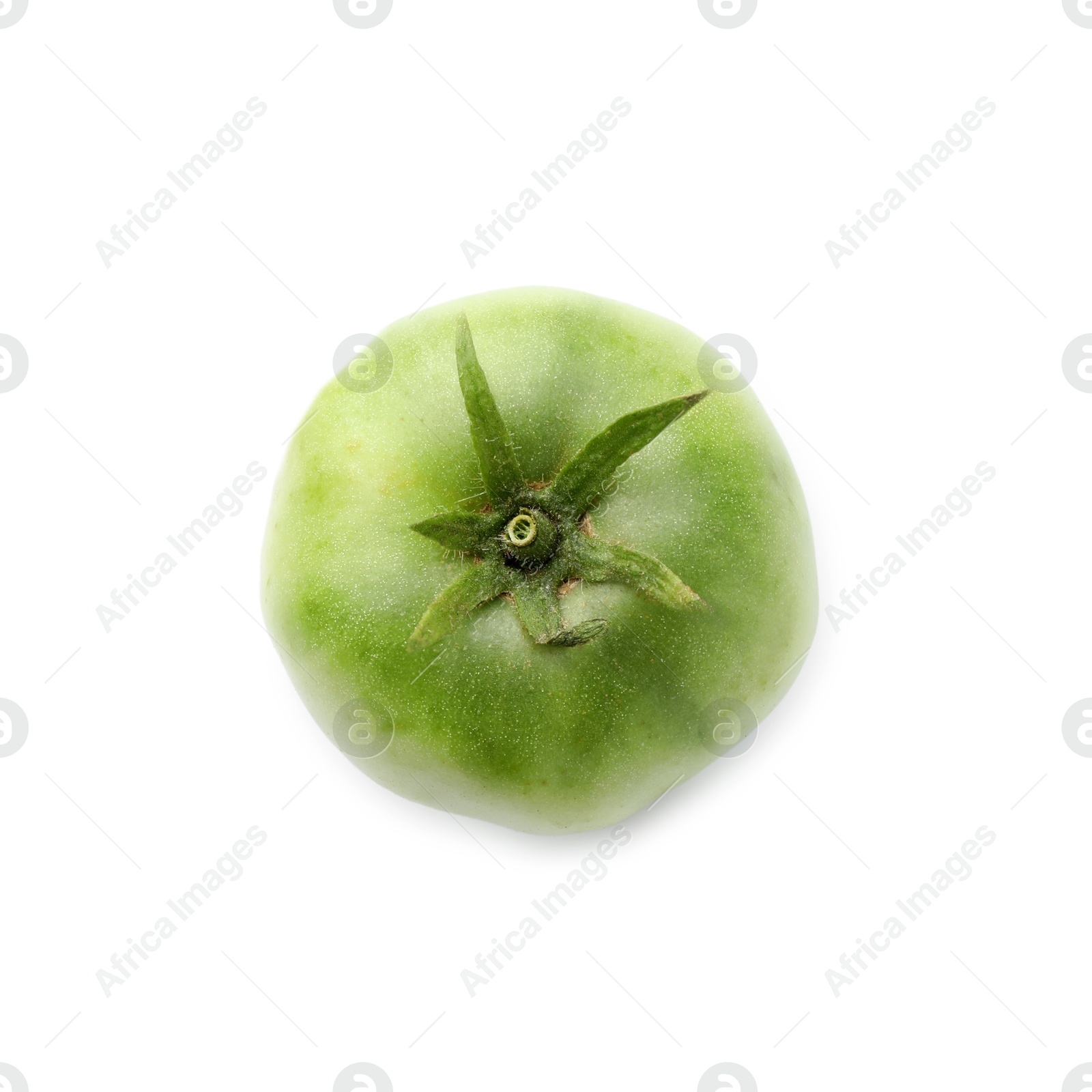 Photo of Unripe tomato isolated on white, top view. Effect of poor cultivation