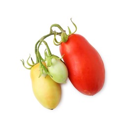 Photo of Branch with ripe and unripe red tomatoes isolated on white, top view