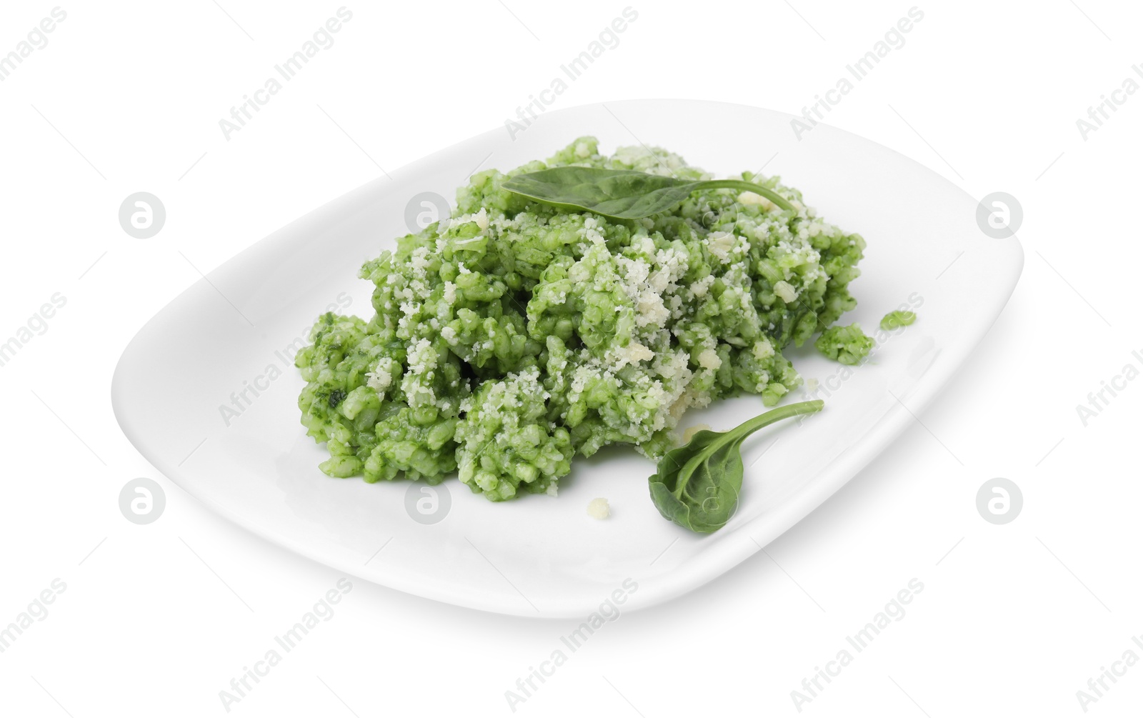 Photo of Delicious spinach risotto with parmesan cheese isolated on white