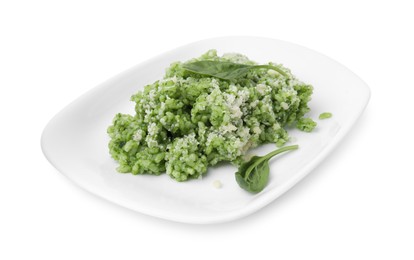 Photo of Delicious spinach risotto with parmesan cheese isolated on white