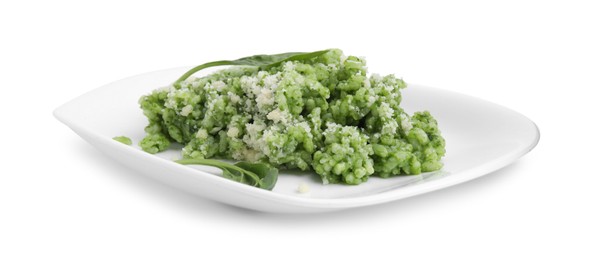 Photo of Delicious spinach risotto with parmesan cheese isolated on white