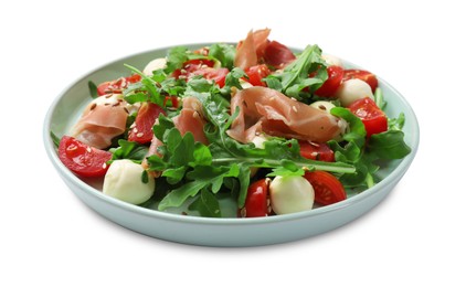 Photo of Tasty salad with arugula, mozzarella cheese, tomatoes and jamon isolated on white