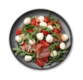 Photo of Tasty salad with arugula, mozzarella cheese, tomatoes and jamon isolated on white, top view