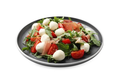 Photo of Tasty salad with arugula, mozzarella cheese, tomatoes and jamon isolated on white