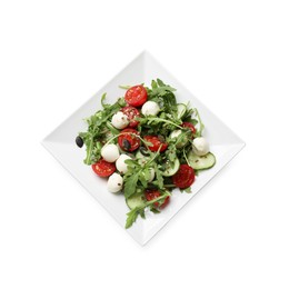 Photo of Tasty salad with arugula, mozzarella cheese and vegetables isolated on white, top view