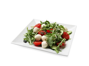 Photo of Tasty salad with arugula, mozzarella cheese and vegetables isolated on white