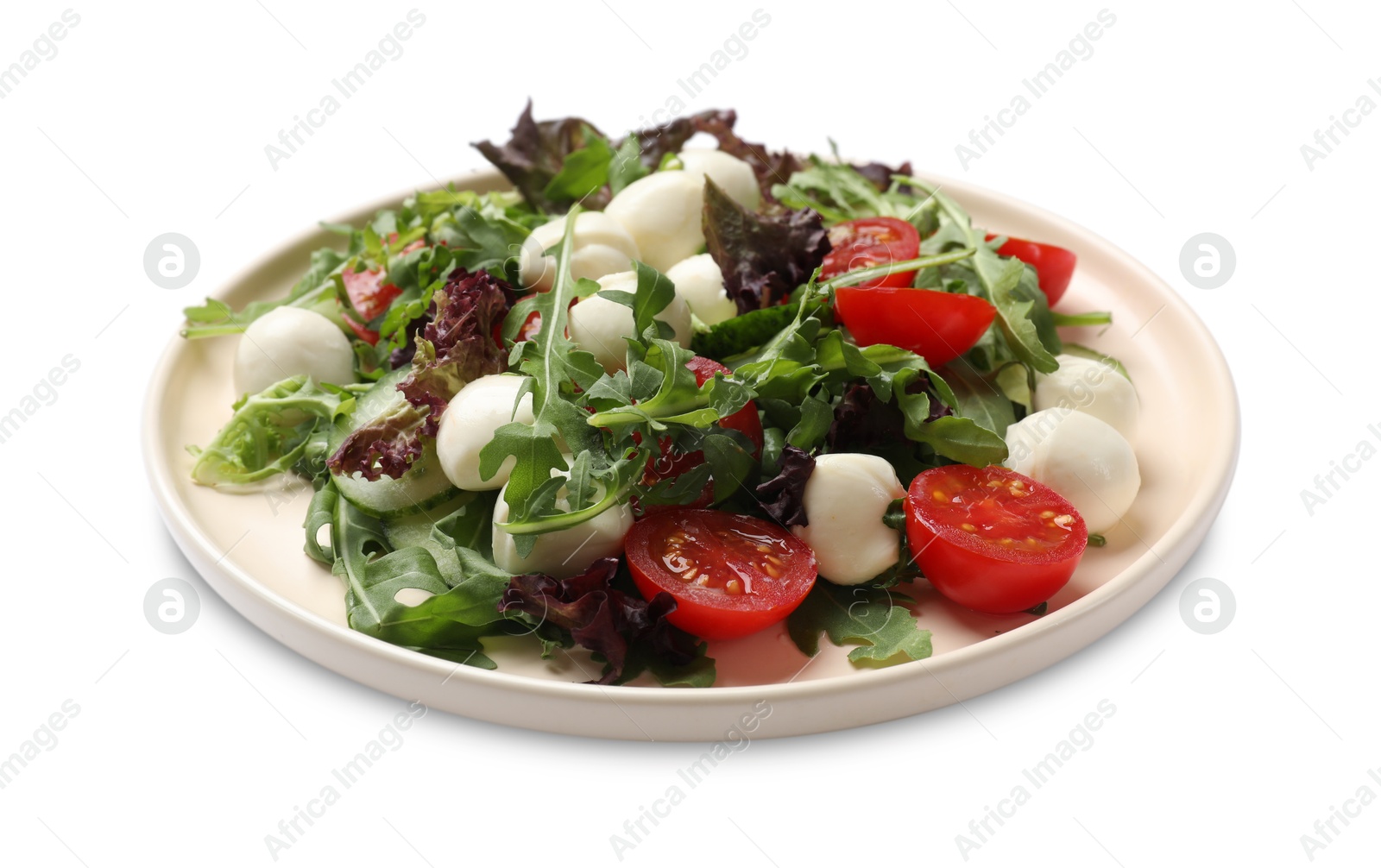 Photo of Tasty salad with arugula, lettuce, mozzarella cheese and vegetables isolated on white