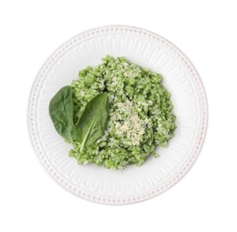 Photo of Tasty spinach risotto isolated on white, top view