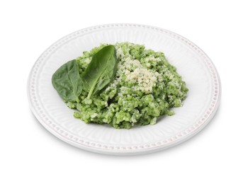 Photo of Tasty spinach risotto with parmesan cheese isolated on white