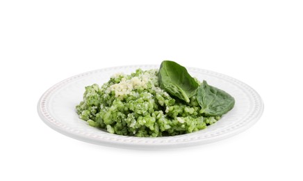 Photo of Tasty spinach risotto with parmesan cheese isolated on white