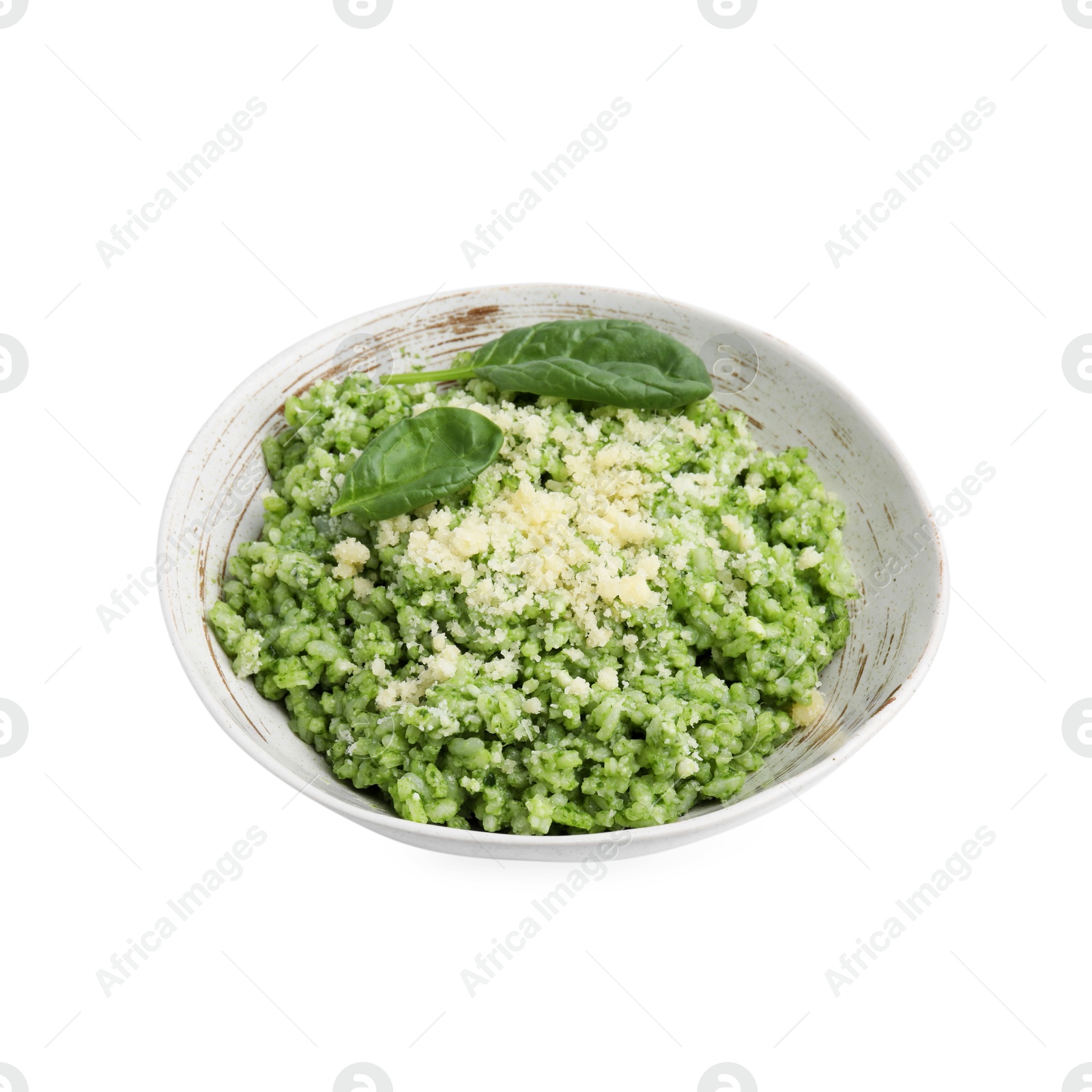 Photo of Tasty spinach risotto with parmesan cheese isolated on white