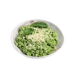 Photo of Tasty spinach risotto with parmesan cheese isolated on white