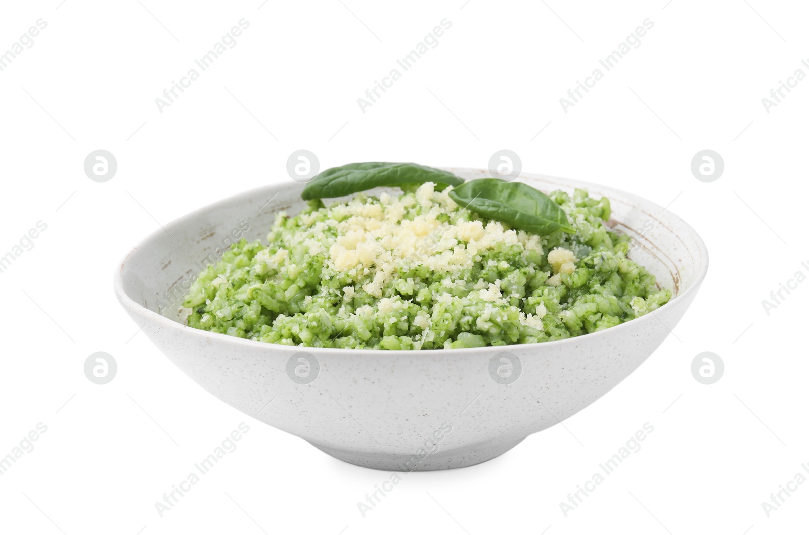 Photo of Tasty spinach risotto with parmesan cheese isolated on white