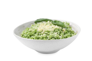 Photo of Tasty spinach risotto with parmesan cheese isolated on white