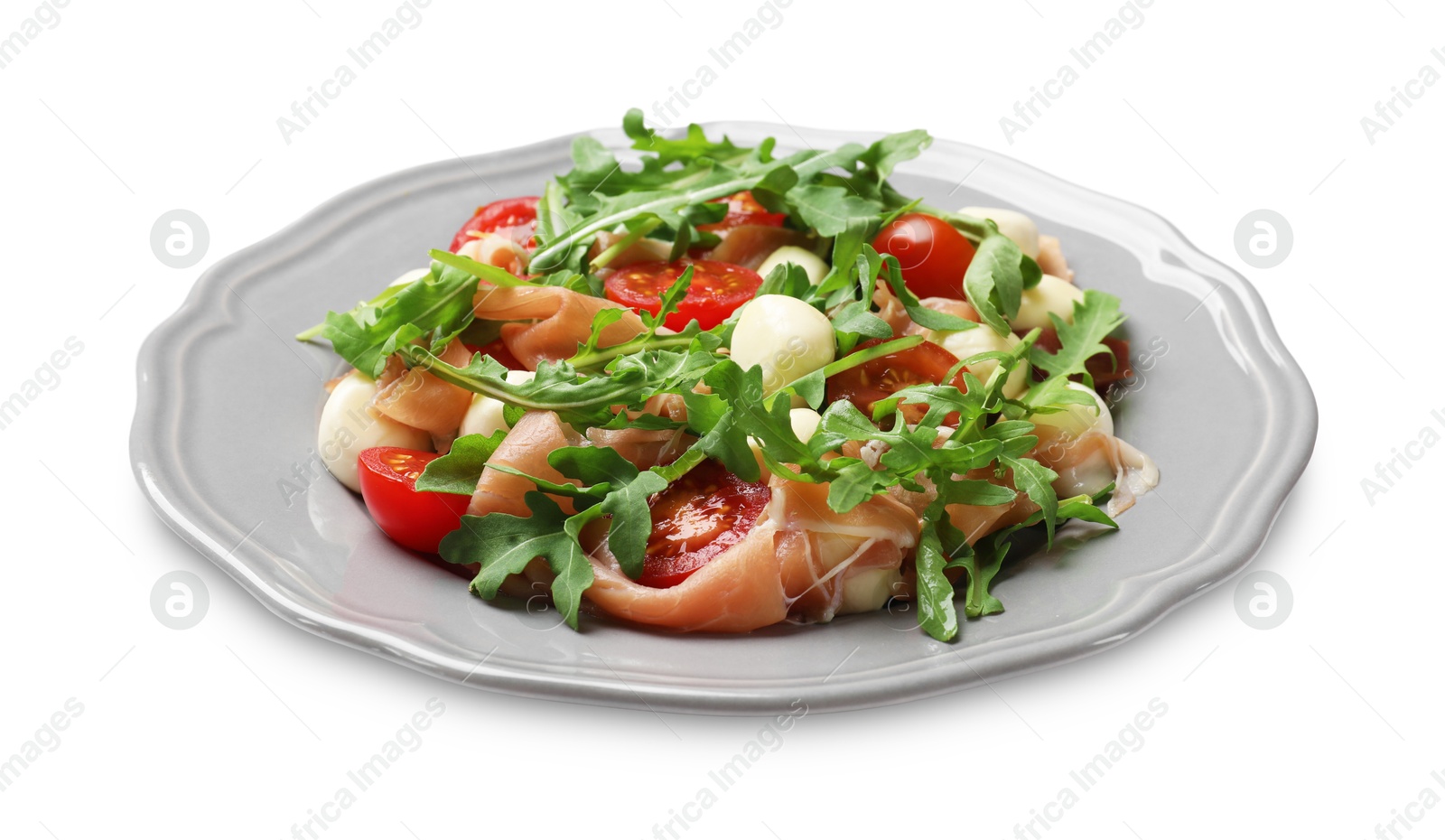 Photo of Tasty salad with arugula isolated on white