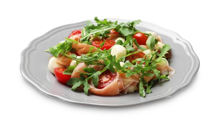 Photo of Tasty salad with arugula isolated on white