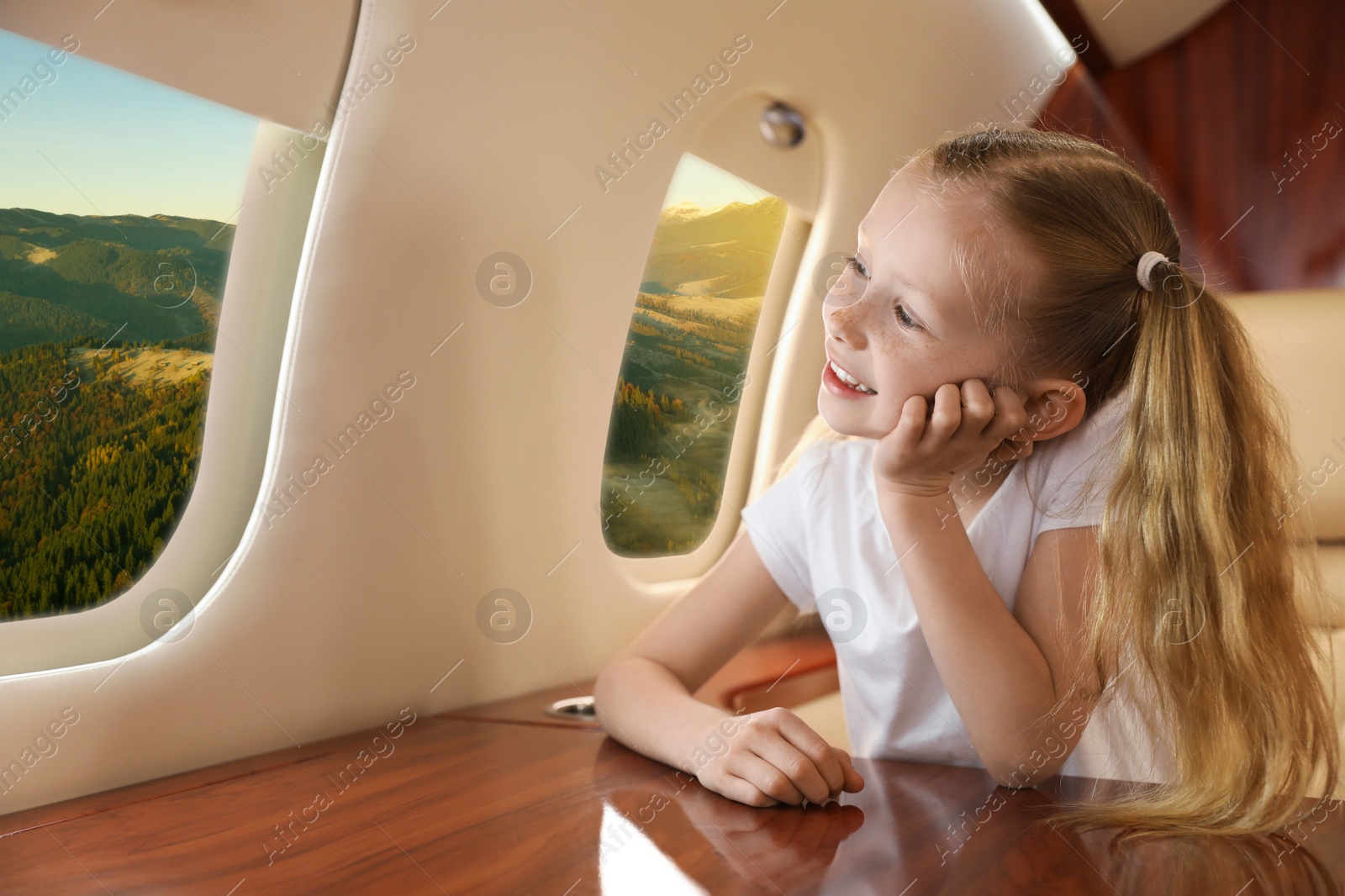 Image of Little girl looking at mountains from airplane window