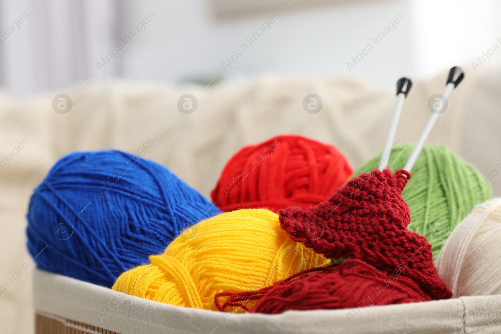 Photo of Skeins of soft yarn, knitting sample and needles in crate indoors, closeup