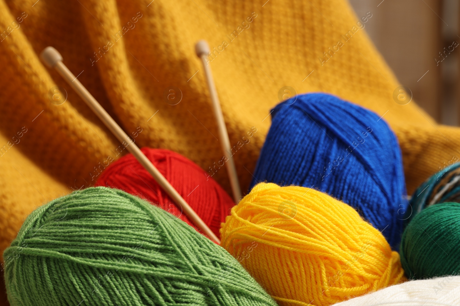 Photo of Skeins of soft yarn and knitting needles indoors, closeup