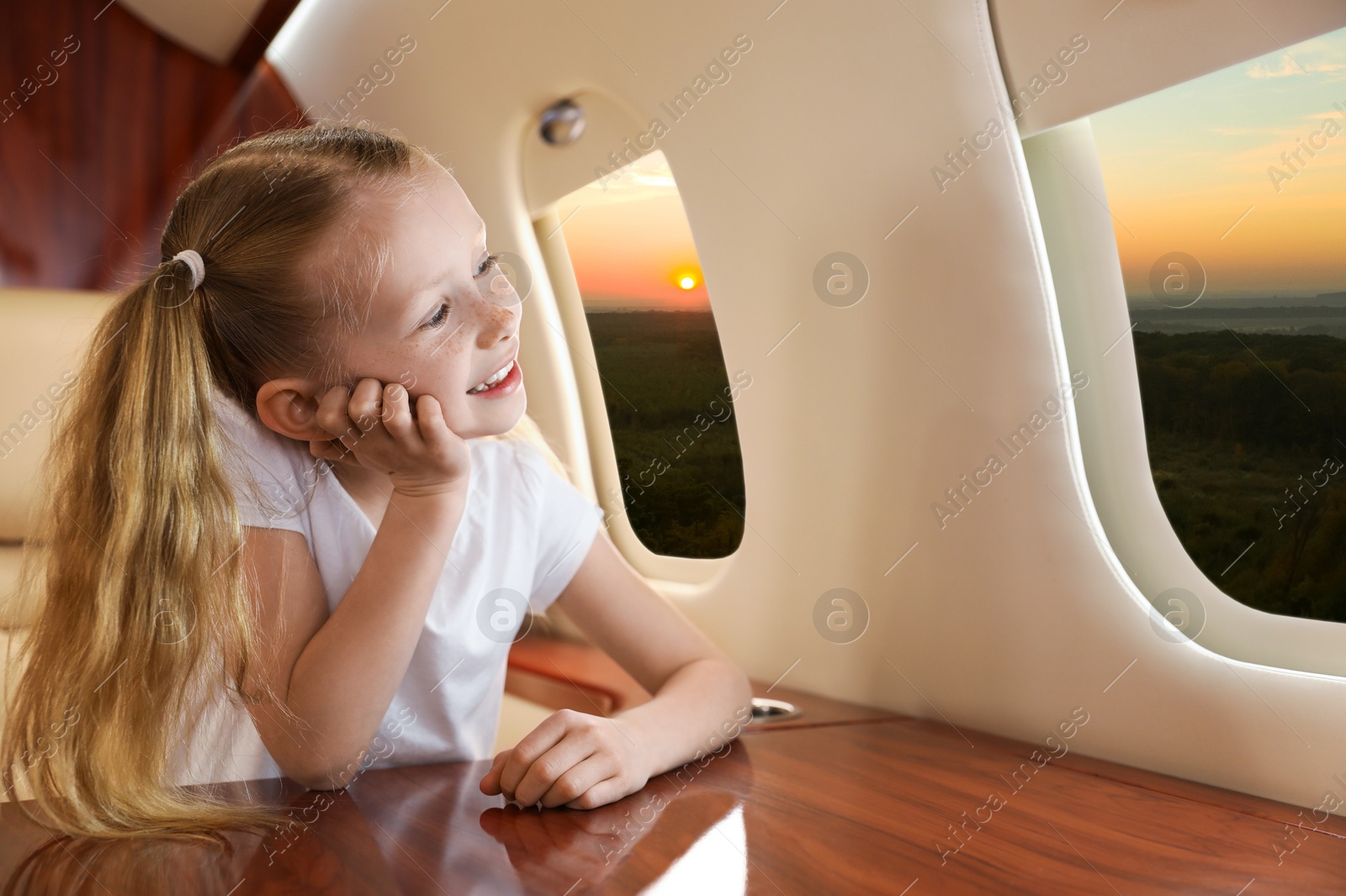 Image of Little girl looking at landscape from airplane window