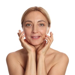 Photo of Portrait of smiling woman with healthy skin on white background