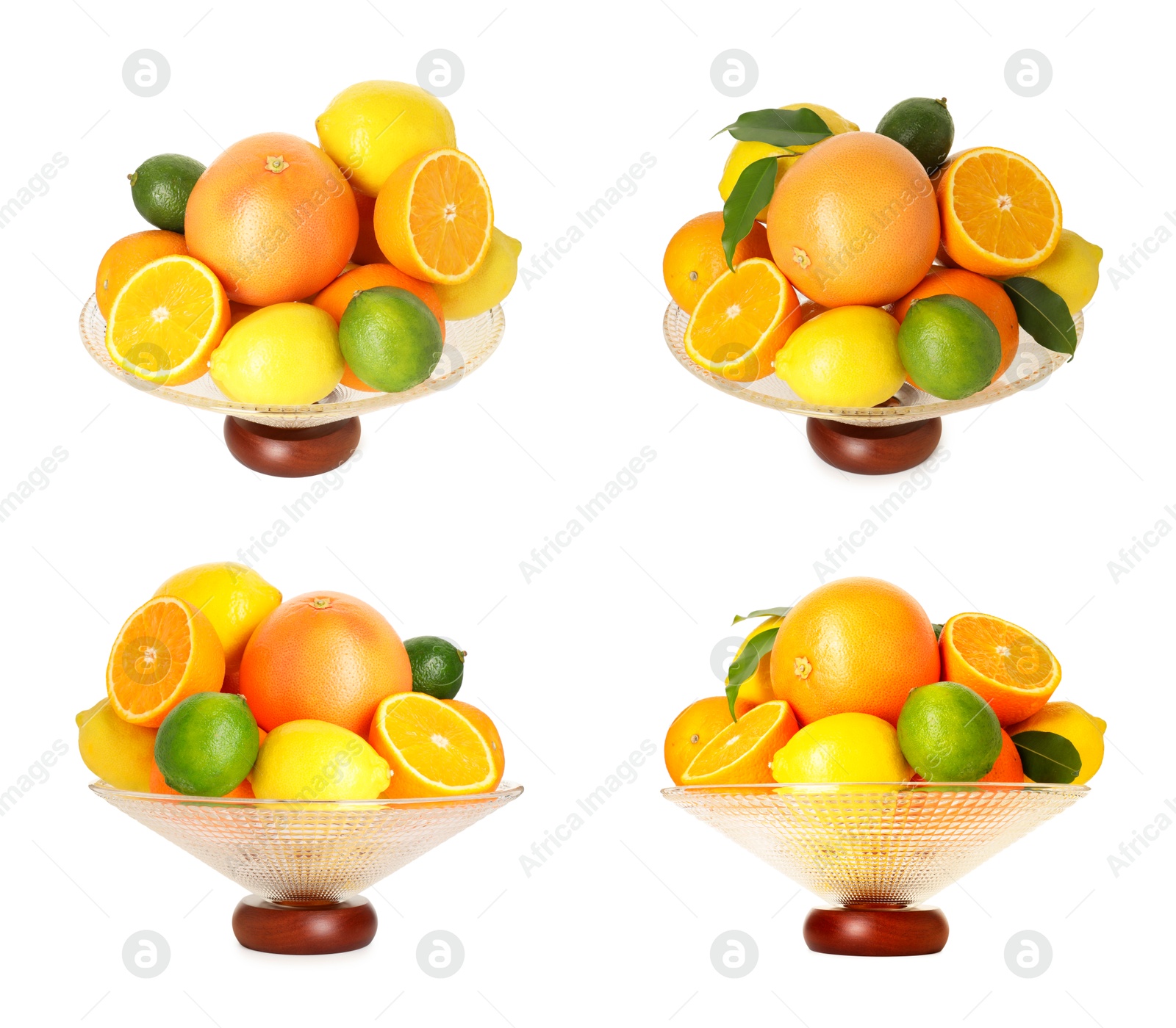 Image of Glass bowl with different fresh fruits isolated on white, collage