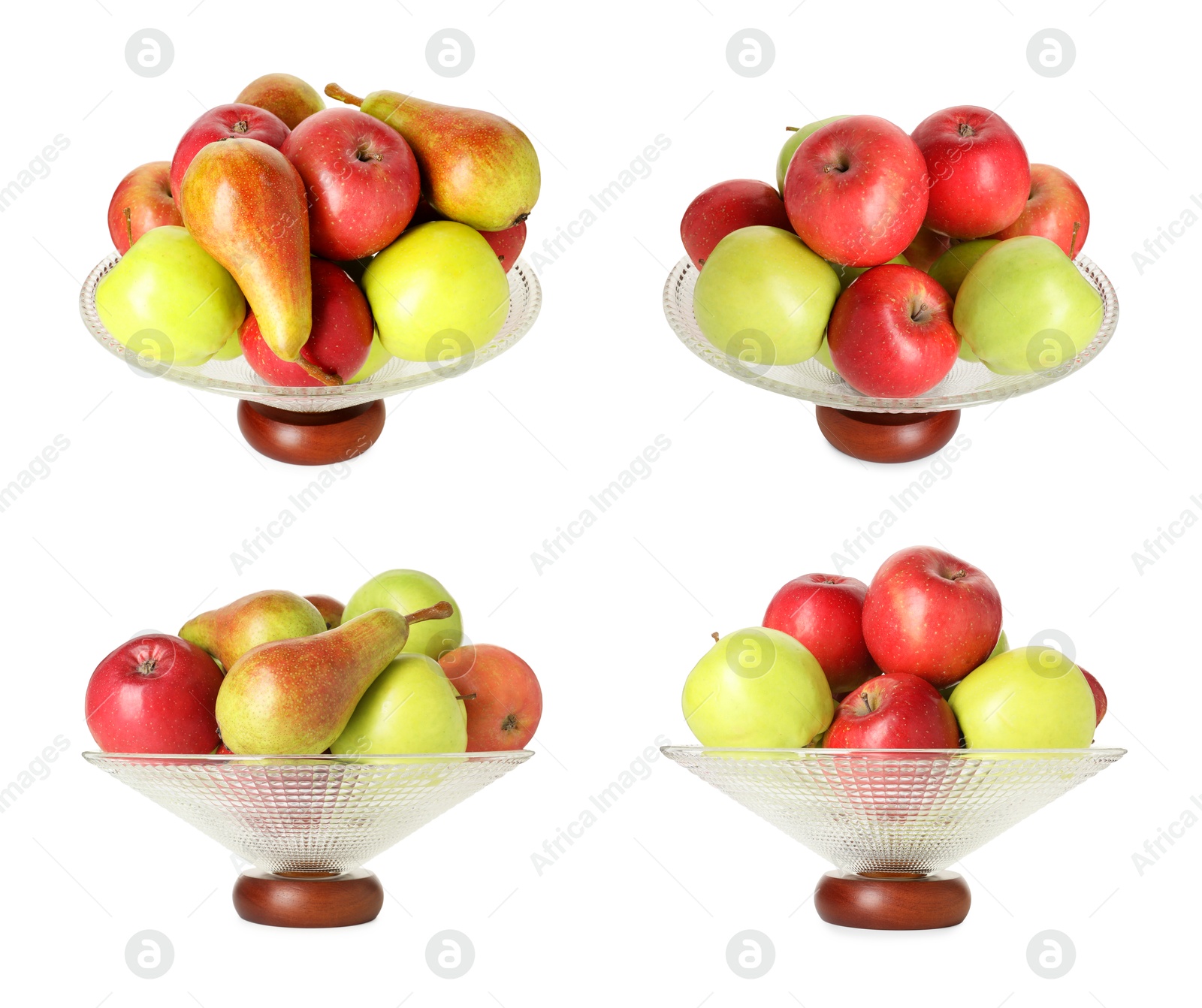 Image of Glass fruit bowl with fresh apples and pears isolated on white, collage