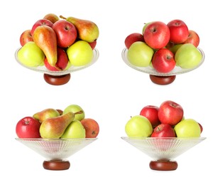 Image of Glass fruit bowl with fresh apples and pears isolated on white, collage