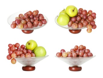 Image of Glass fruit bowl with fresh apples and grapes isolated on white, collage