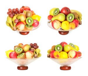 Image of Glass bowl with fresh different fruits isolated on white, collage