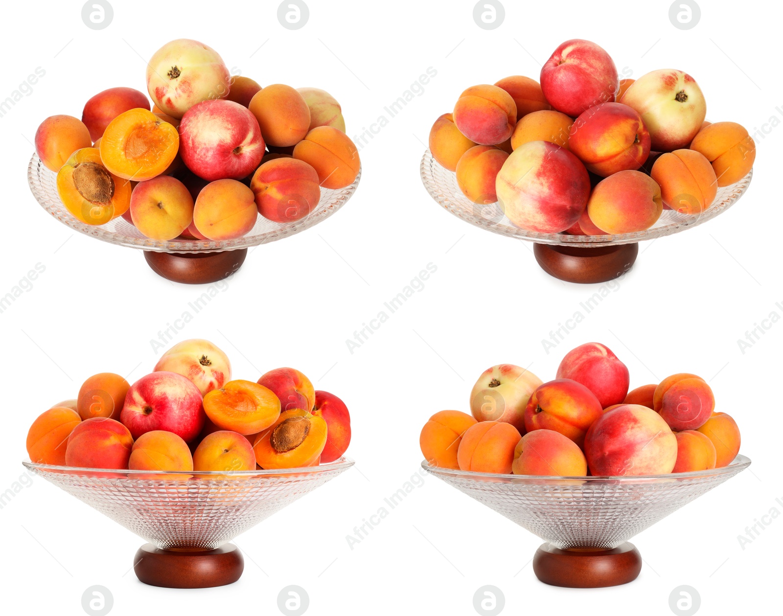 Image of Glass fruit bowl with fresh apricots and nectarines isolated on white, collage