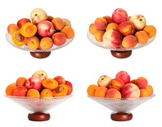 Image of Glass fruit bowl with fresh apricots and nectarines isolated on white, collage