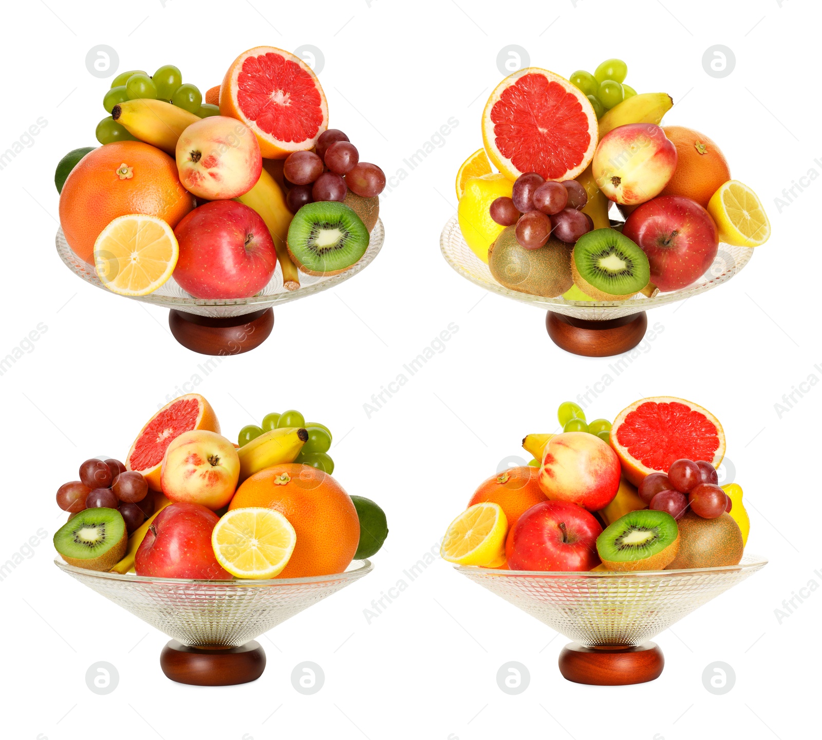 Image of Glass bowl with fresh different fruits isolated on white, collage