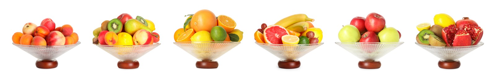 Image of Glass bowl with fresh different fruits isolated on white, collage