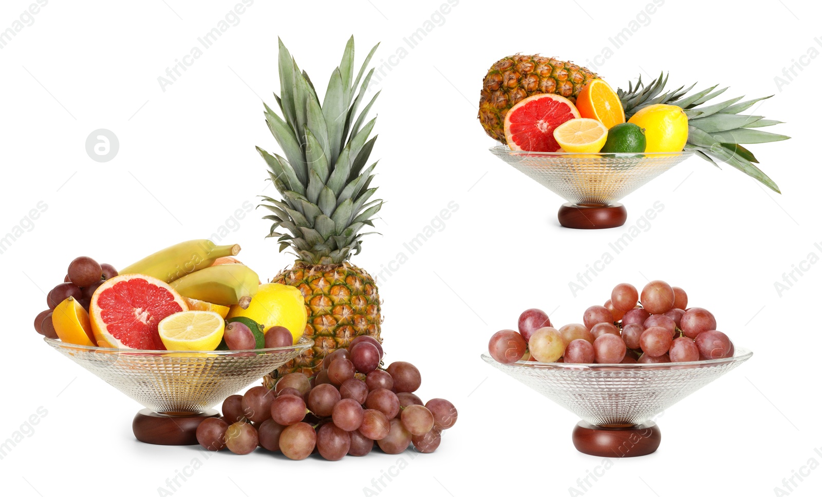 Image of Glass bowl with fresh different fruits isolated on white, collage