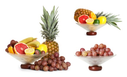 Image of Glass bowl with fresh different fruits isolated on white, collage