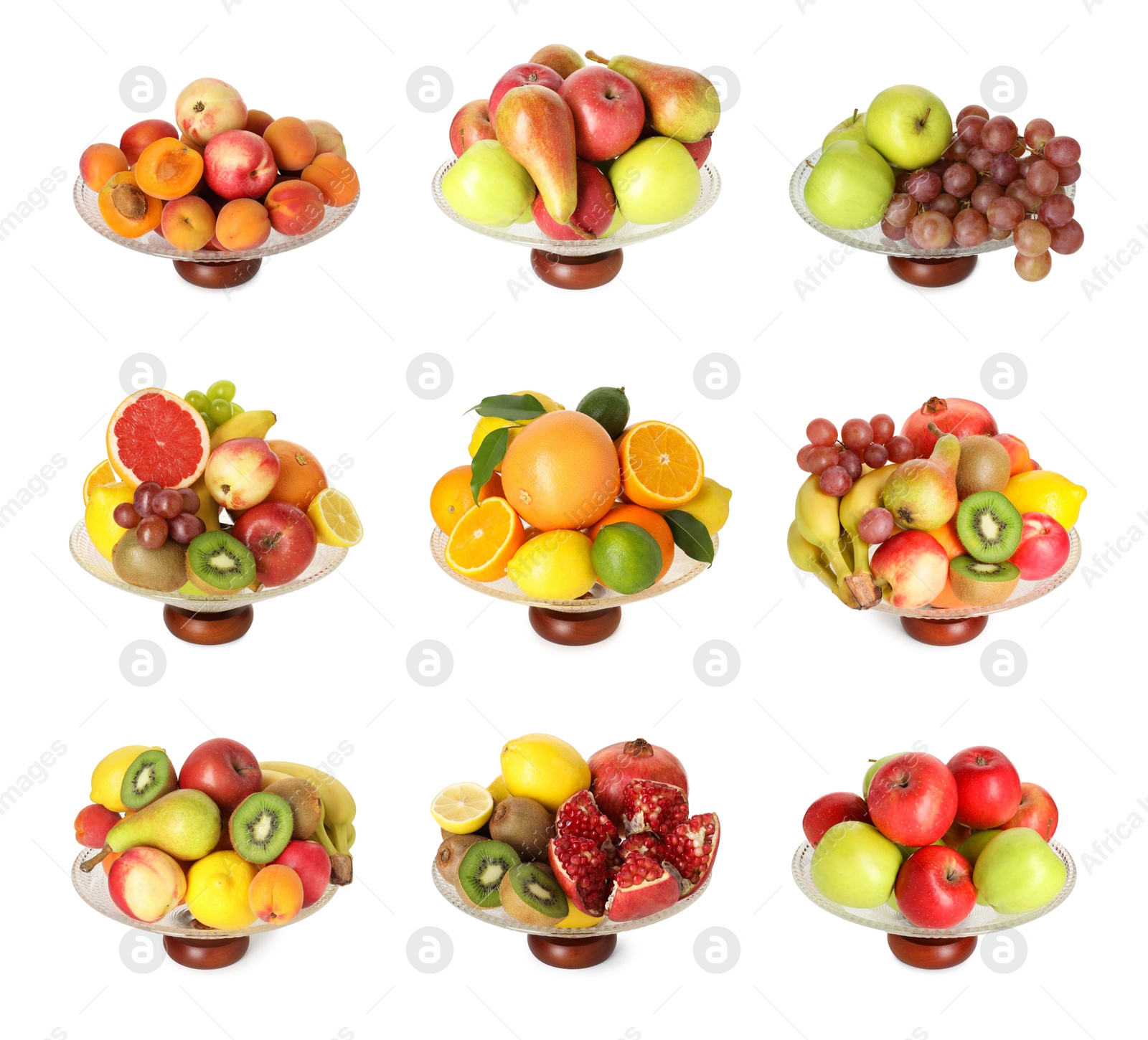 Image of Glass bowl with fresh different fruits isolated on white, collage