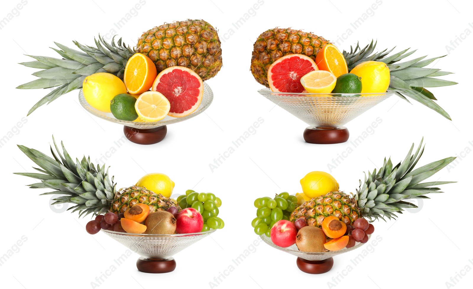 Image of Glass bowl with fresh different fruits isolated on white, collage