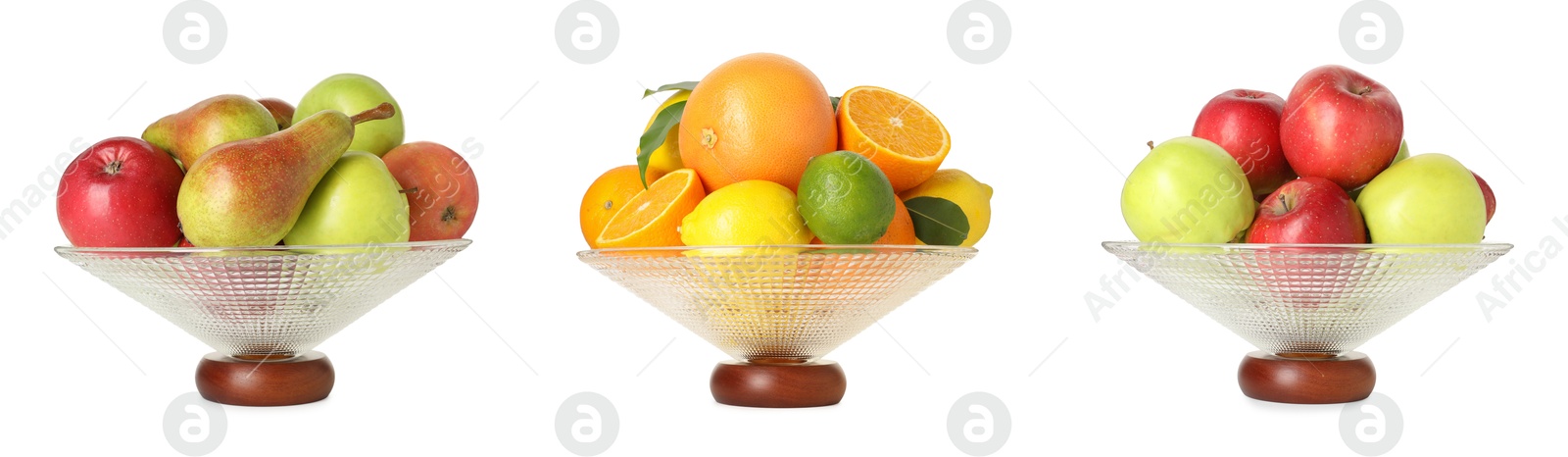 Image of Glass bowl with fresh different fruits isolated on white, collage