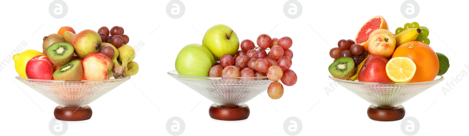 Image of Glass bowl with fresh different fruits isolated on white, collage