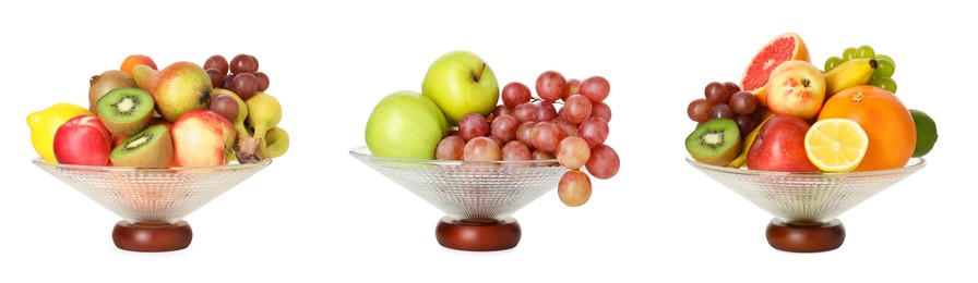 Image of Glass bowl with fresh different fruits isolated on white, collage