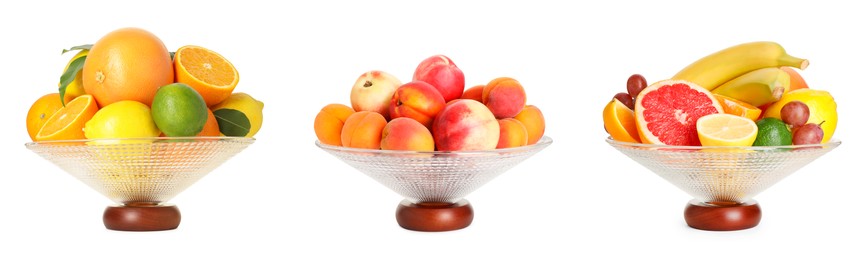 Image of Glass bowl with fresh different fruits isolated on white, collage